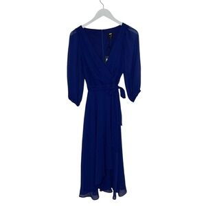 DKNY Cobalt Blue Belted Puff Sleeve Chiffon Dress‎ Size 2 NWT